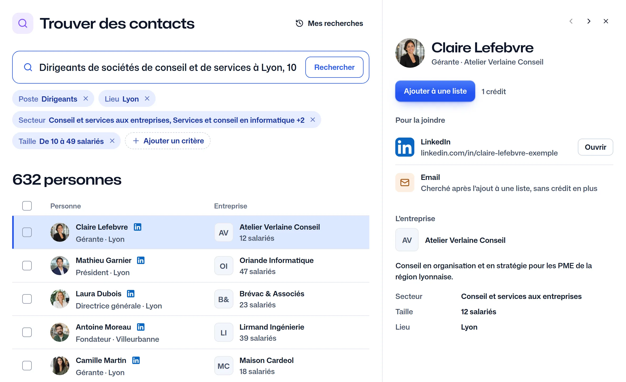 Une personne trouvée, Claire Lefebvre, gérante d'Atelier Verlaine Conseil : son LinkedIn, son email cherché après l'ajout à une liste, et le bouton « Ajouter à une liste » avec la mention « 1 crédit ».