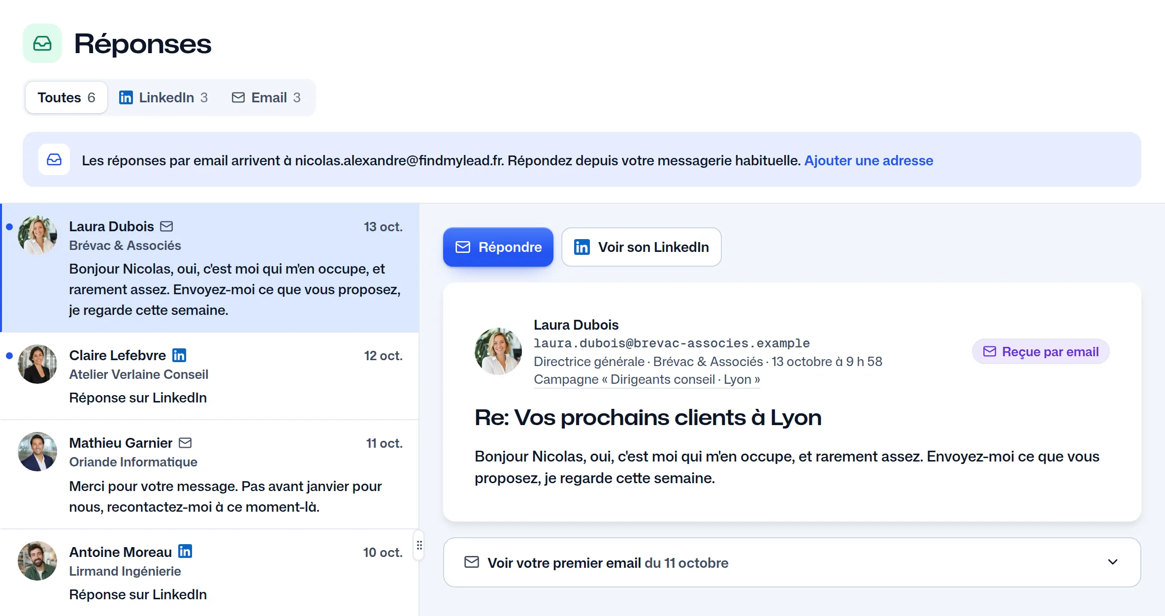La page Réponses : les réponses par LinkedIn et par email dans une même liste, et la réponse de Laura Dubois ouverte.